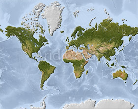 World Mercator map with shaded relief and ocean depth colors