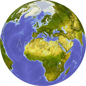 Globe, shaded relief, centered on Africa