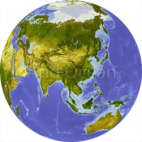 Globe, shaded relief, centered on Asia