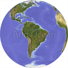 Globe, shaded relief, centered on South America