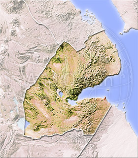 Djibouti, shaded relief map.