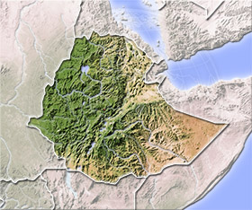 Ethiopia, shaded relief map.