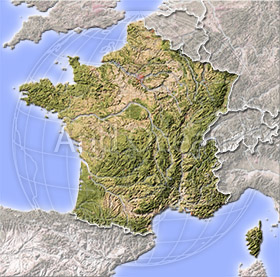 France, shaded relief map.