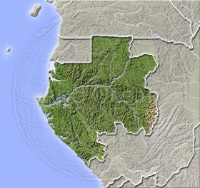 Gabon, shaded relief map.