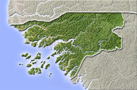 Guinea-Bissau, shaded relief map.