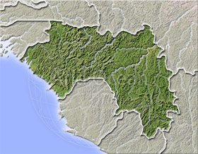 Guinea, shaded relief map.