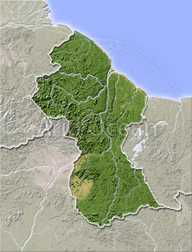 Guyana, shaded relief map.