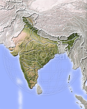 India, shaded relief map.