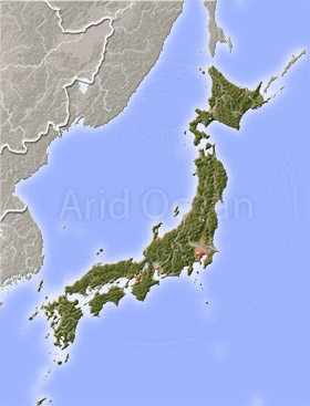 Japan, shaded relief map.