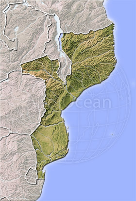 Mozambique, shaded relief map.