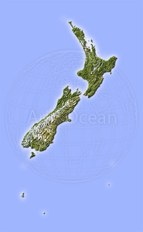 New Zealand, shaded relief map.