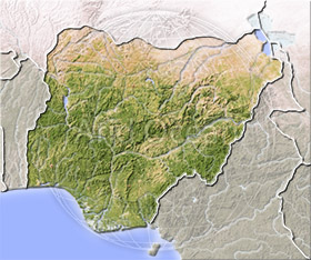 Nigeria, shaded relief map.