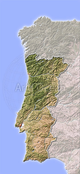 Portugal, shaded relief map.