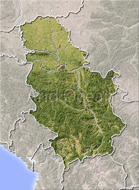 Serbia, shaded relief map.