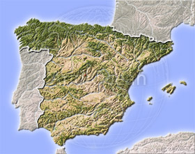 Spain, shaded relief map.