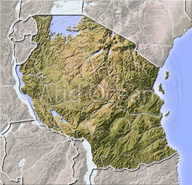 Tanzania, shaded relief map.