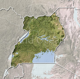 Uganda, shaded relief map.