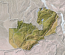 Zambia, shaded relief map.