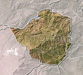 Zimbabwe, shaded relief map.