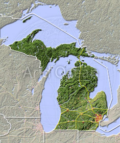 Michigan, shaded relief map.
