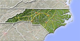 North Carolina, shaded relief map.