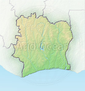 Ivory Coast, shaded relief map.