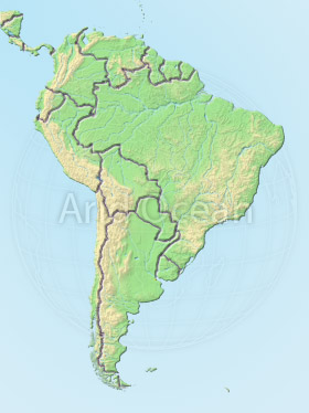 South America, shaded relief map.