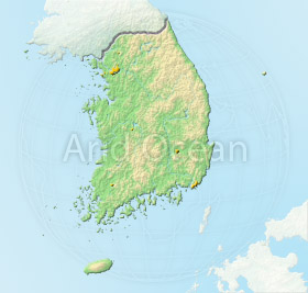 South Korea, shaded relief map.