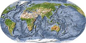 World map, shaded relief, centered on India.