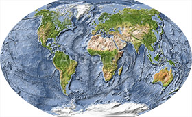 World map, shaded relief with ocean floor.