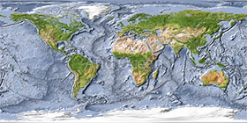 World map, shaded relief with ocean floor