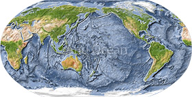 World map, shaded relief with ocean floor, centered on the Pacific.