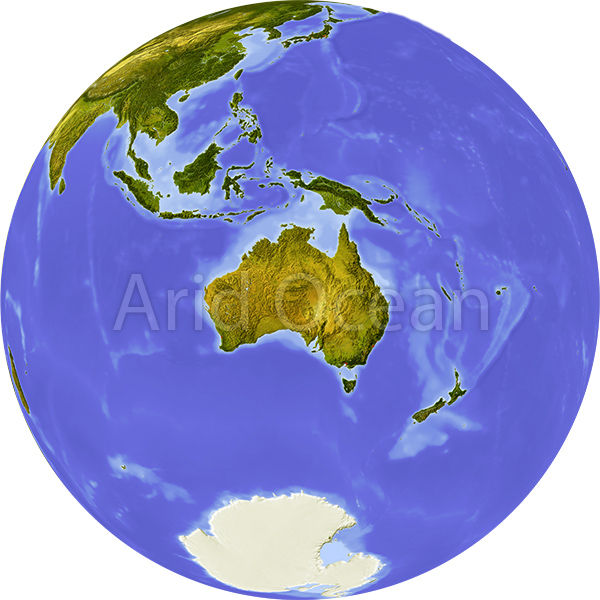 Globe, shaded relief, centered on Australia