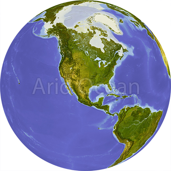 Globe, shaded relief, centered on North America