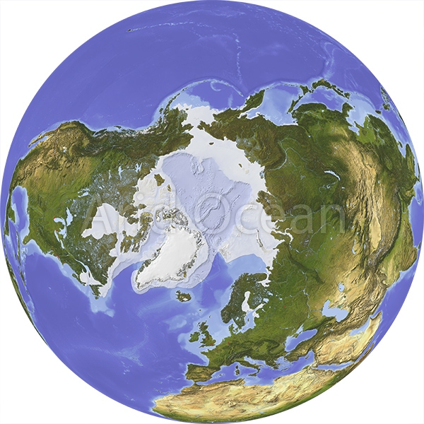 Globe, shaded relief, centered on the North Pole