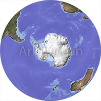 Globe, shaded relief, centered on the South Pole