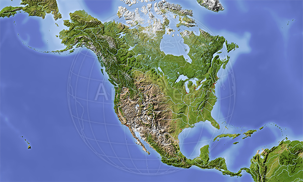 North and Central America, shaded relief map