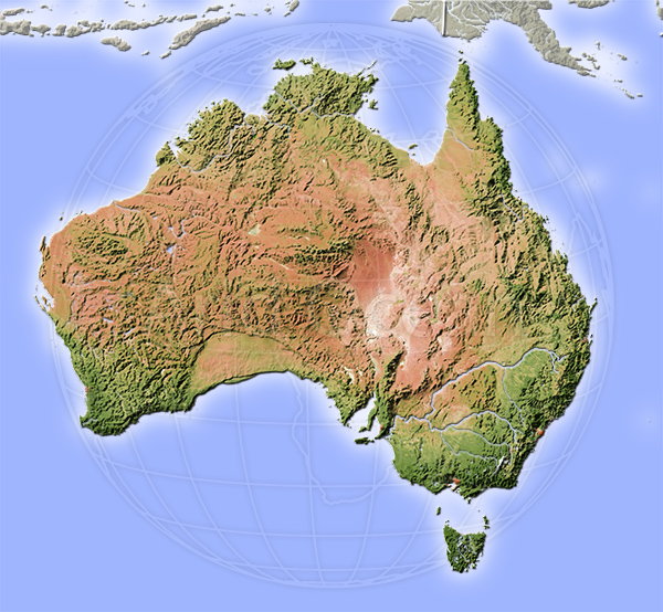 Australia, shaded relief map.