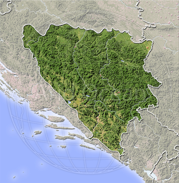 Bosnia and Herzegovina, shaded relief map.
