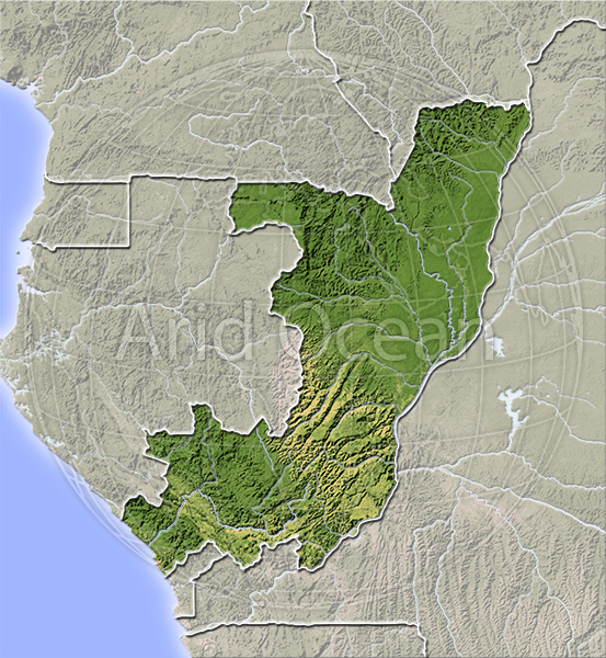 Congo, shaded relief map.