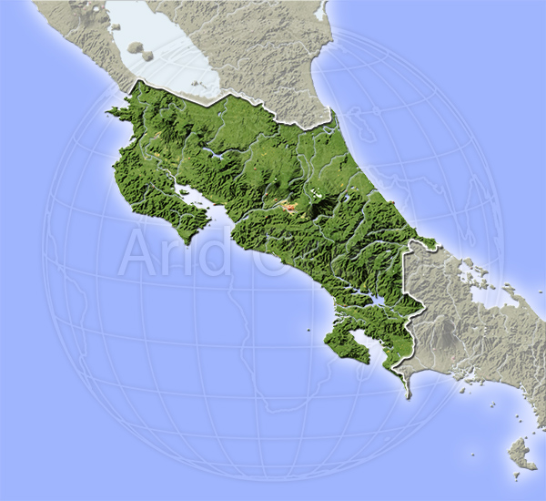 Costa Rica, shaded relief map.