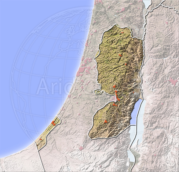 Gaza and West Bank, shaded relief map.
