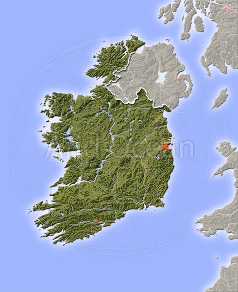 Ireland, shaded relief map.