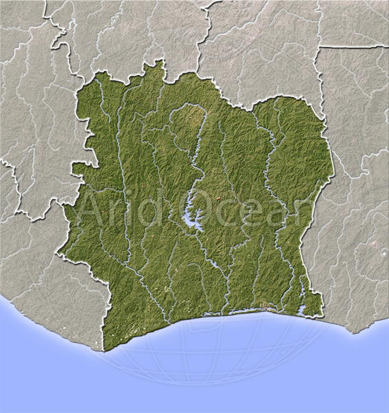 Ivory Coast, shaded relief map.