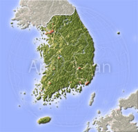 South Korea, shaded relief map.