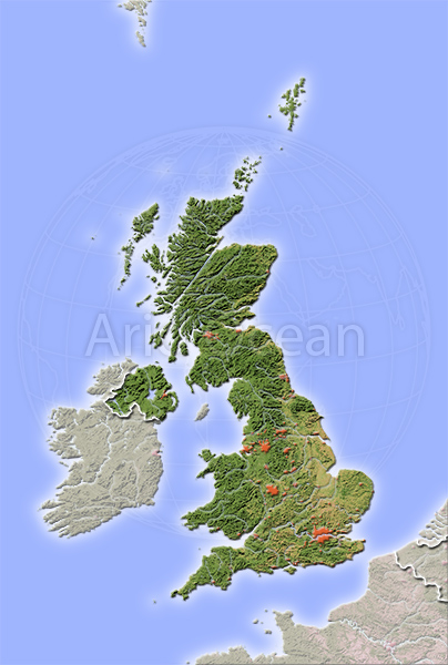 United Kingdom, shaded relief map.