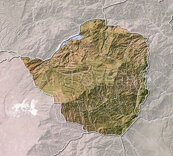 Zimbabwe, shaded relief map.