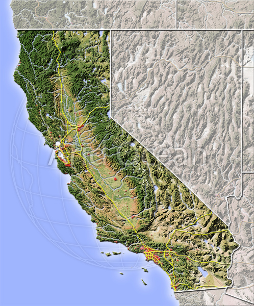 California, shaded relief map.
