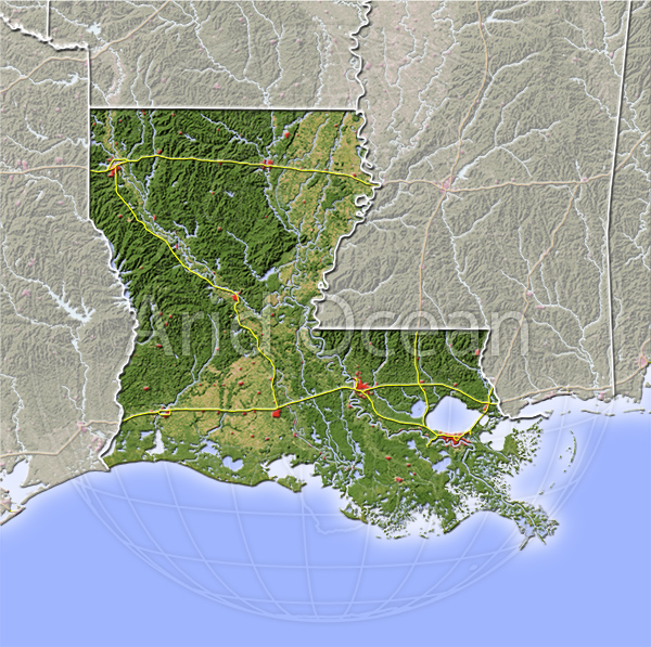Louisiana, shaded relief map.