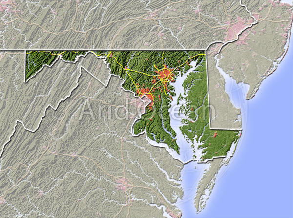 Maryland, shaded relief map.